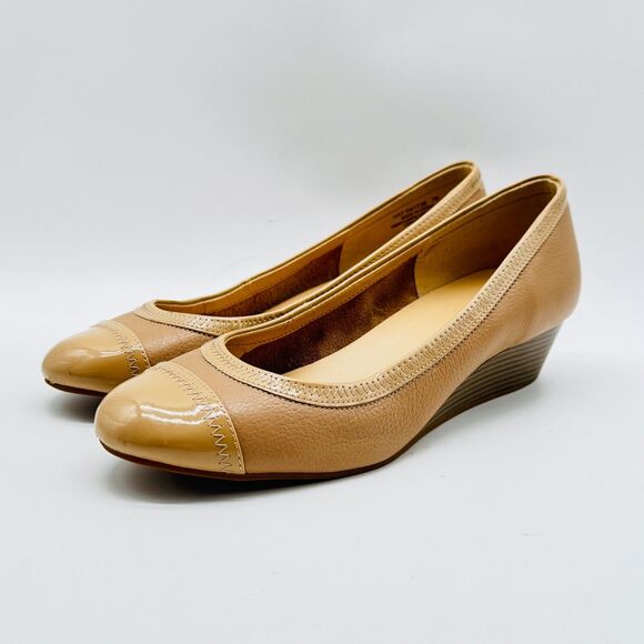 Cole Haan Shoes Womens 7 Brown Tan Leather Cap Toe Wedge Casual Heels Shoes - Picture 1 of 11